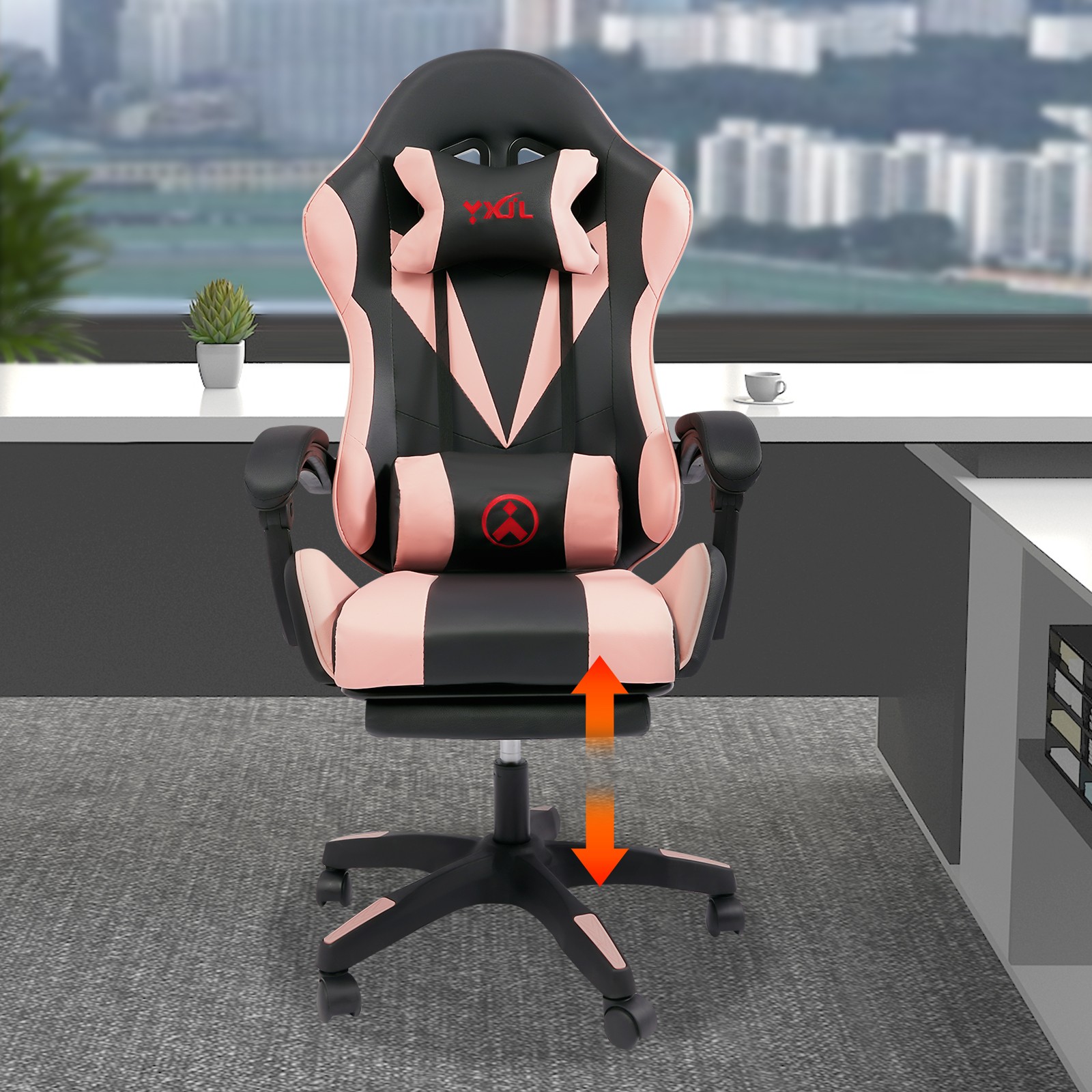 Pink Gaming Chair Adjustable Swivel Task Chair Ergonomic Computer Chair w/ Wheel