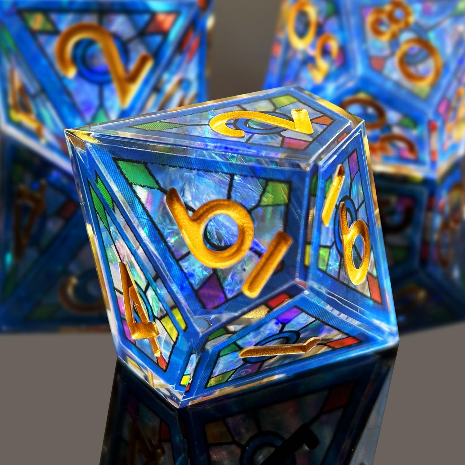 Double Layered Resin Dice Set 7pcs/ Stained Glass Effect & Gold Numbers/Sharp...