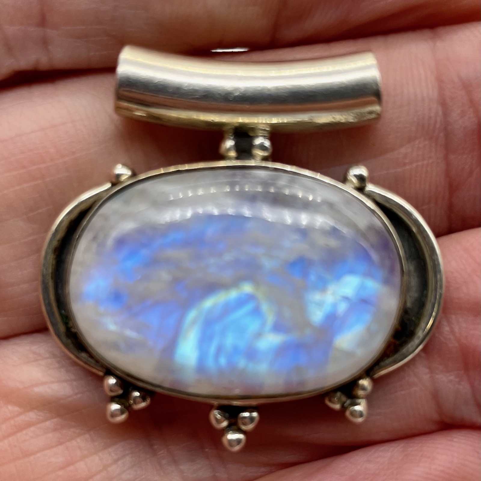 Alluring Rainbow Moonstone Sterling Silver Pendant | Blue White | 1 1/4" long |