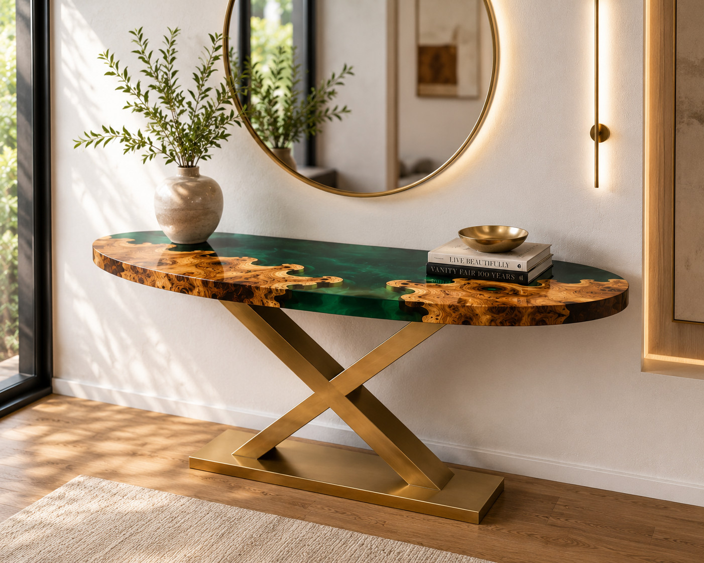 Handcrafted Burl Wood & Green Epoxy River Hall Table | Luxury Entryway Console T
