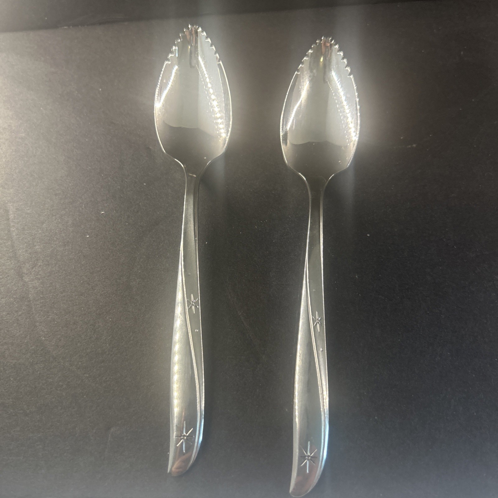 2 Oneida Twin Star Community Stainless Flatware Grapefruit Spoons MCM Atomic