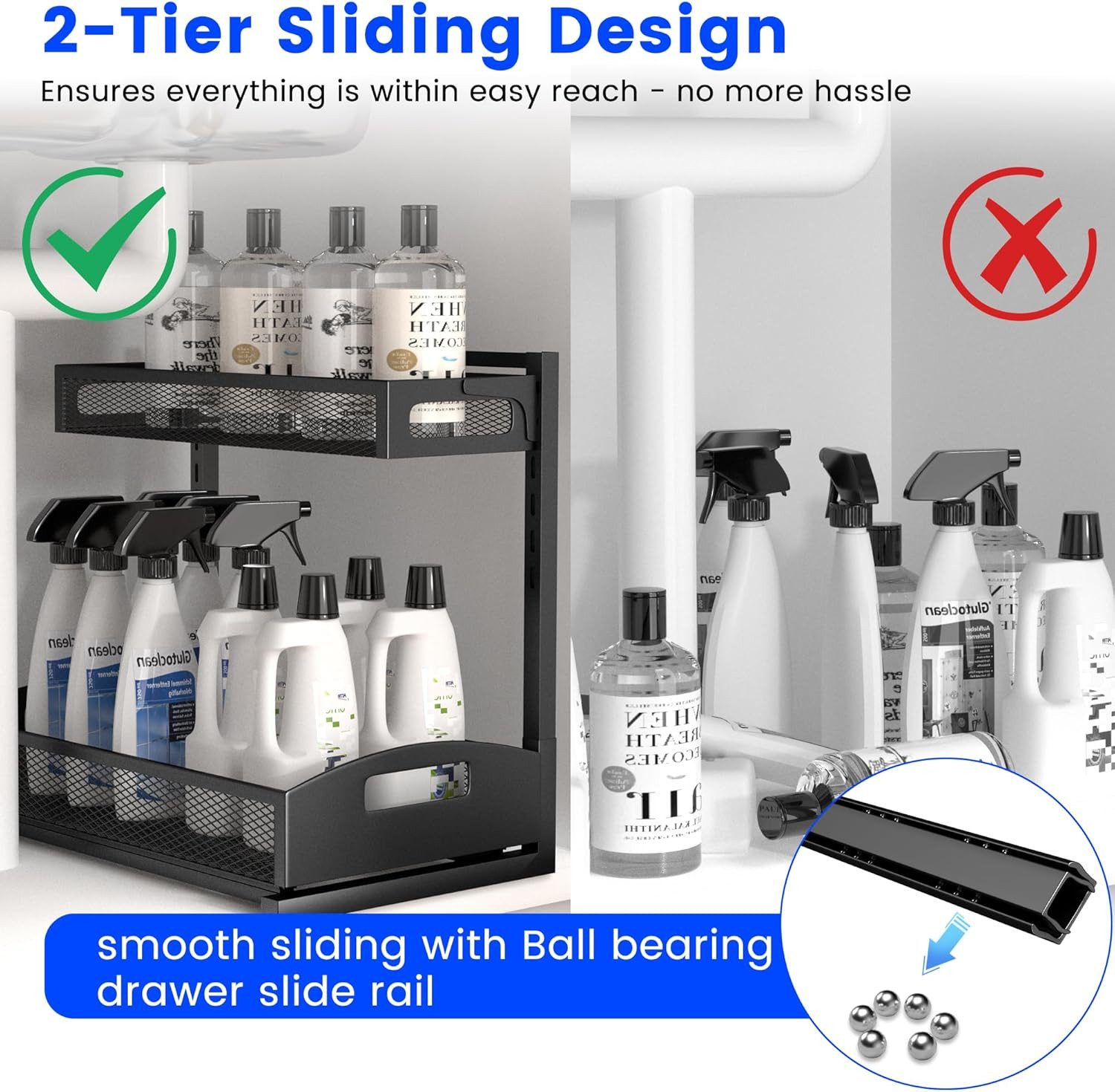 Height Adjustable Under Sink Organizer - 2 Pack Storage for Kitchen & Bathroom