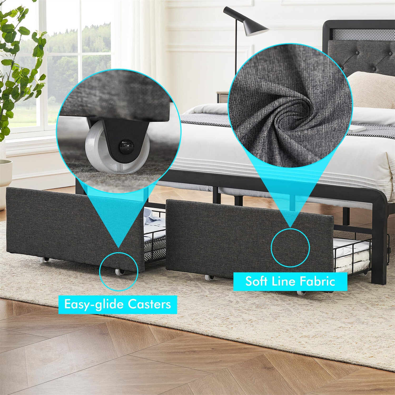 Upholstered Bed Frame with 2 Storage Drawers Queen Bed Frame with LED Lights