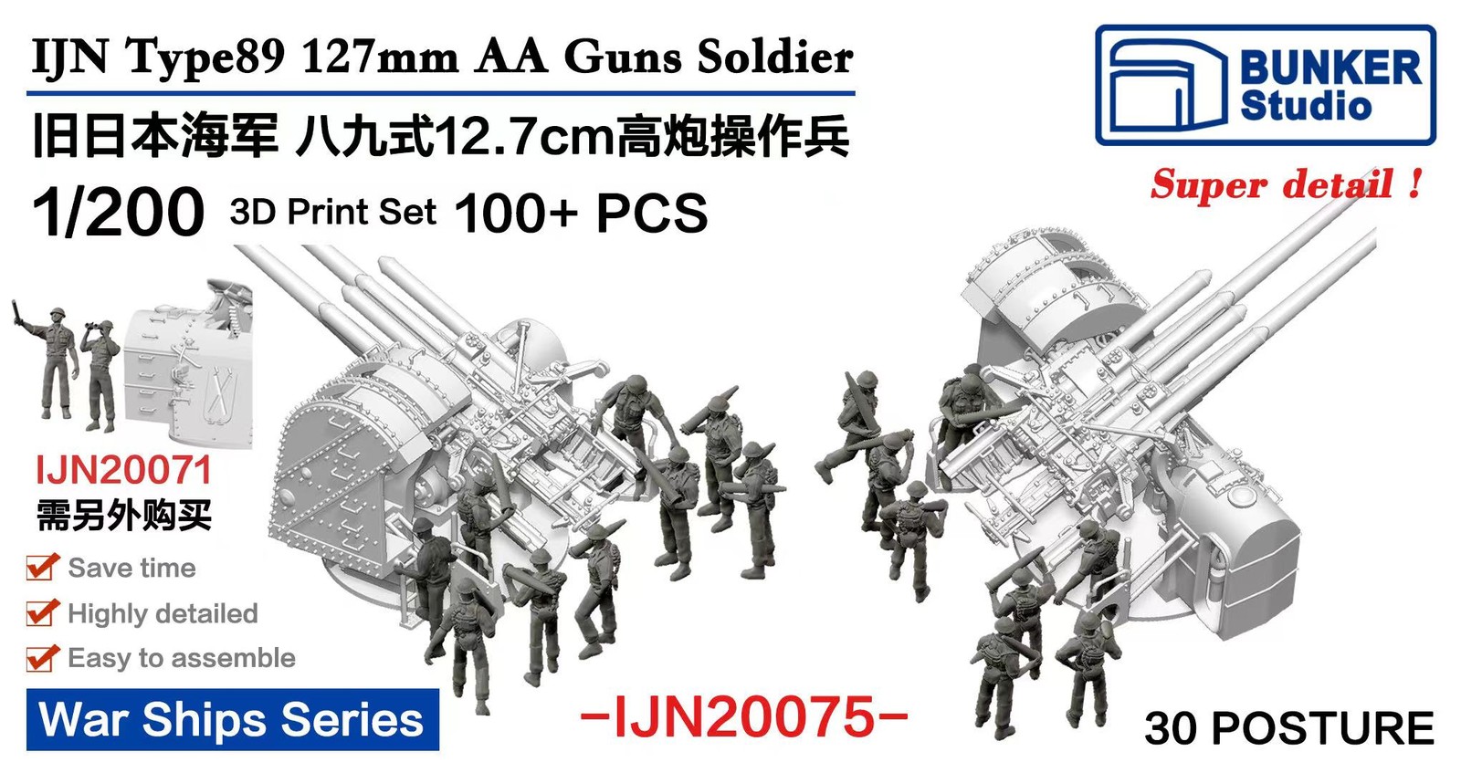 BUNKER IJN20075 1/200 IJN Type96 127mm AA Guns Soldier 3D Print Set 100+PCS