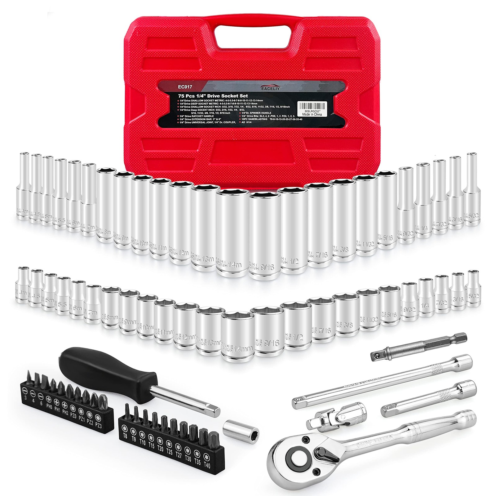 EACELIY 75pcs 1/4" Drive Impact Socket Set, 75PCS 1/4inch, Chrome Plated