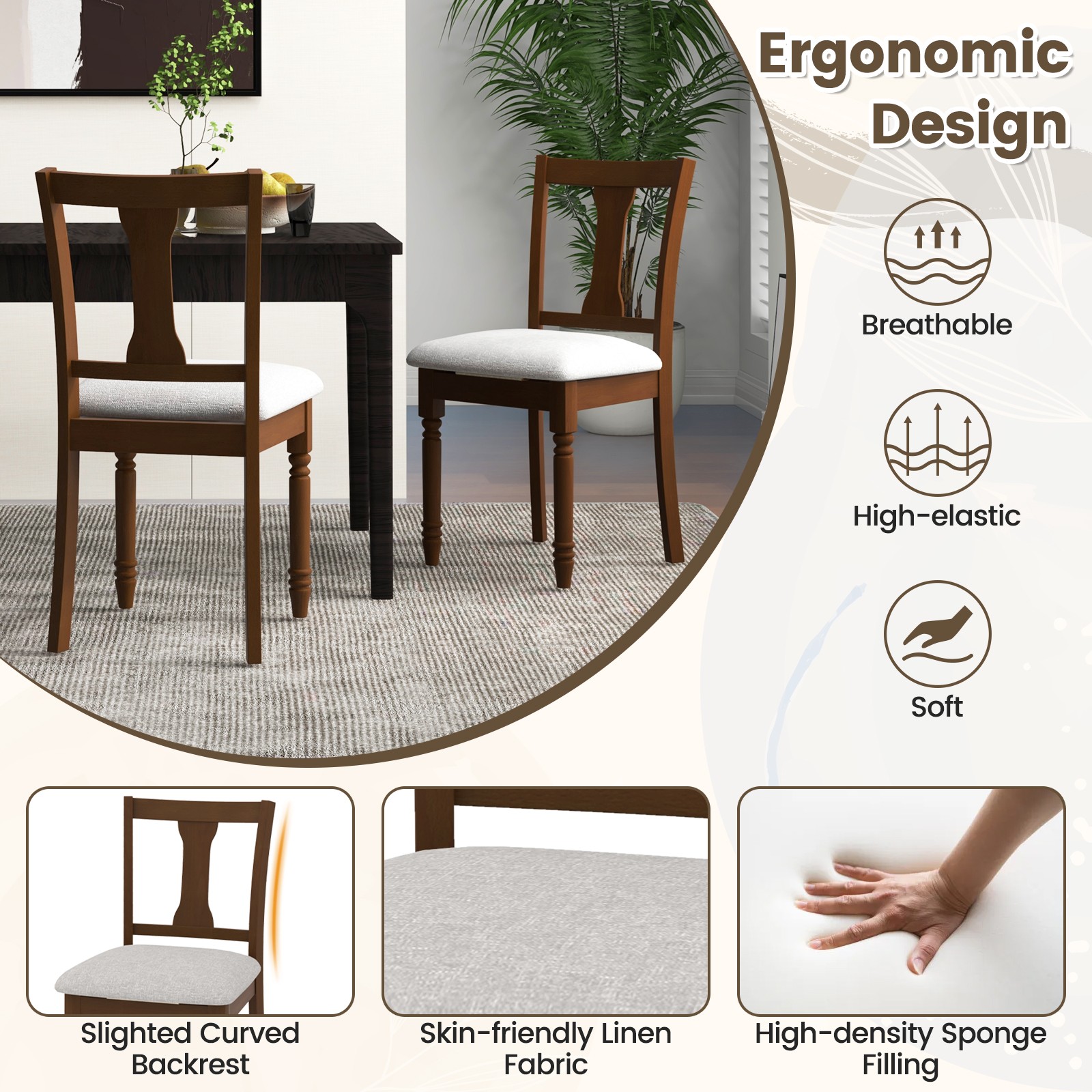 2 PCS Wood Chair Antique Upholstered Chair w/ Storage Space Brown & Light Gray
