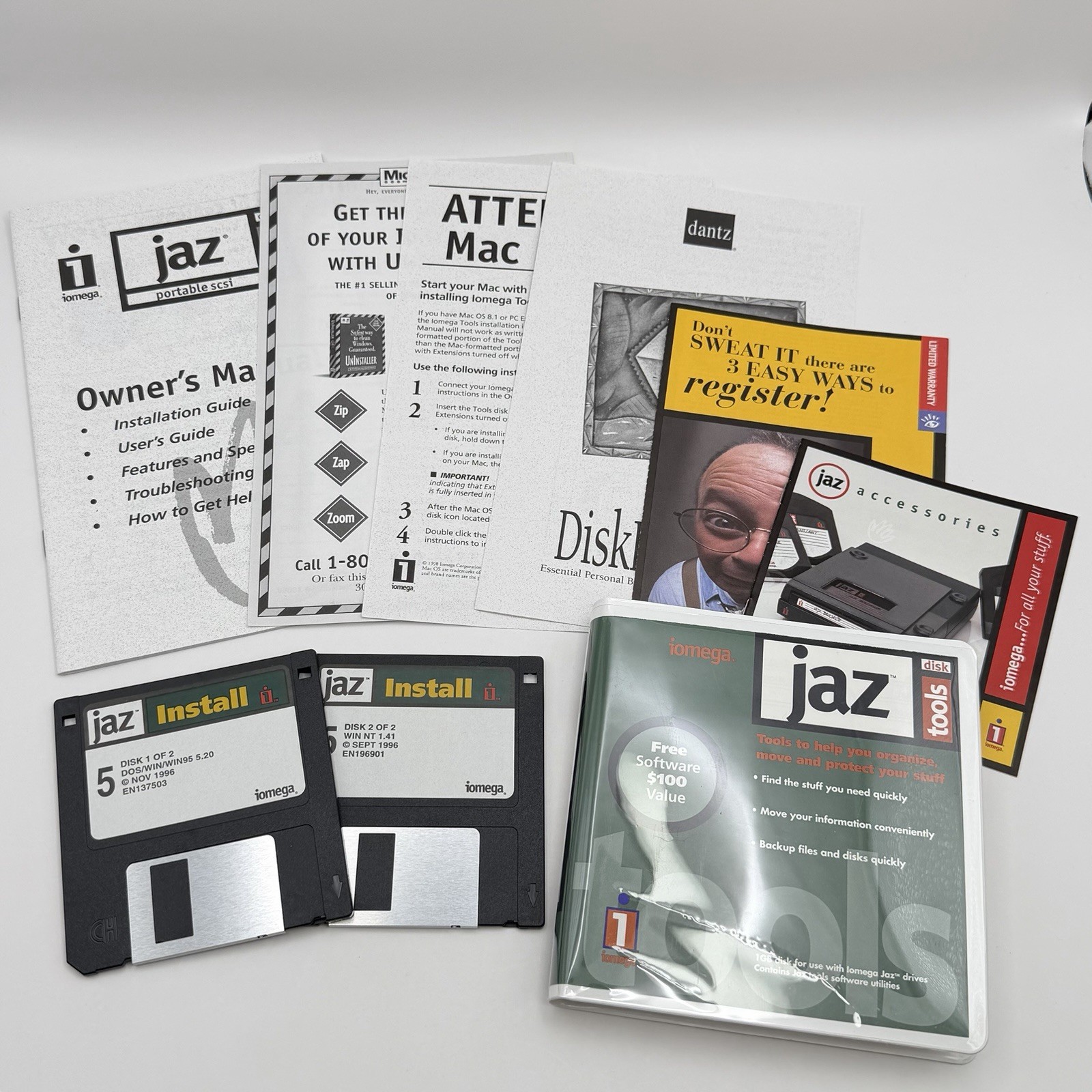 Iomega Jaz Drive Software & Manuals Lot Install Disks Paper Inserts 1GB Jaz Disk