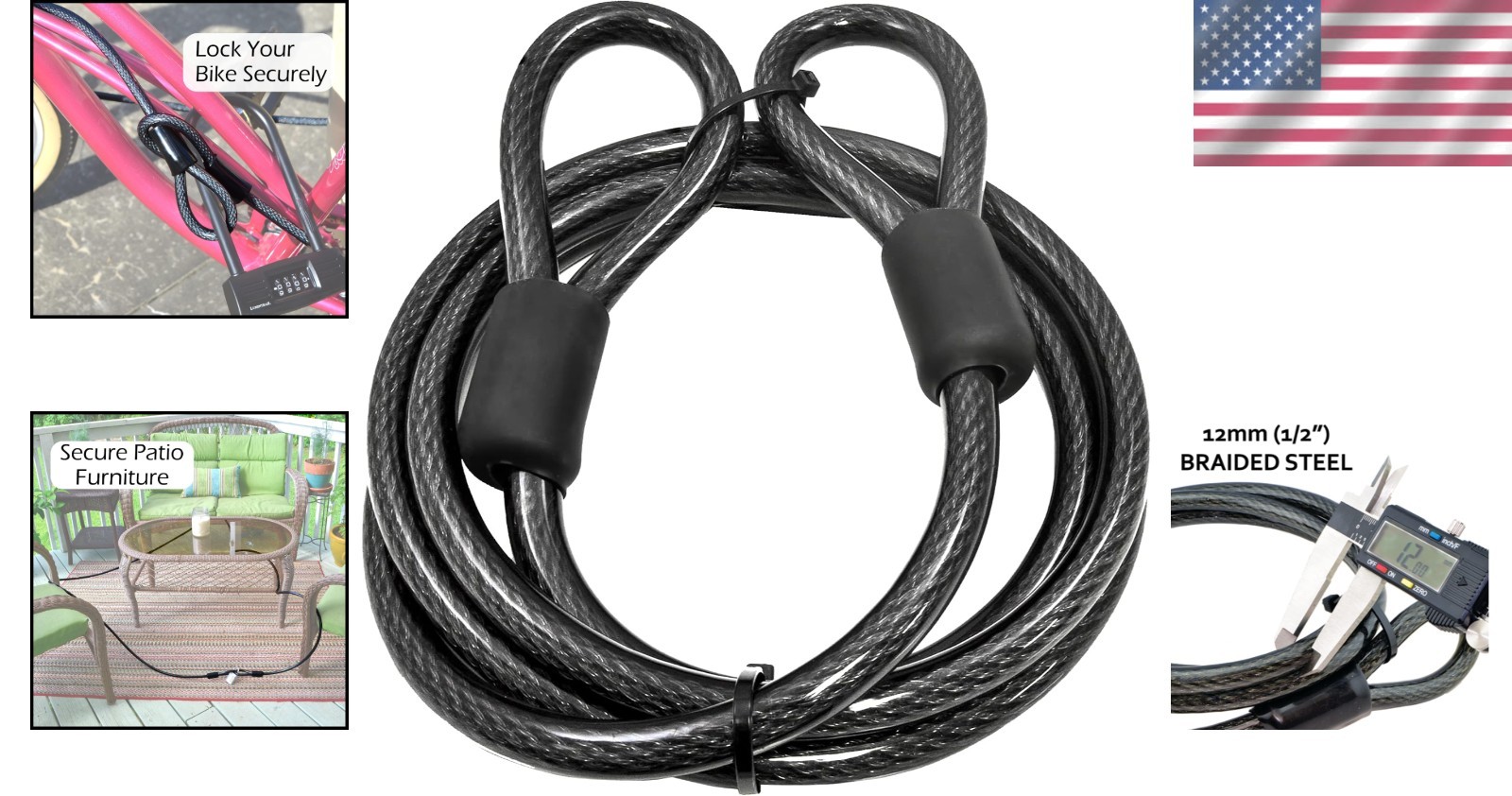 12mm Braided Steel Security Cable 7-FT - Water & Rust Resistant Safety Solution
