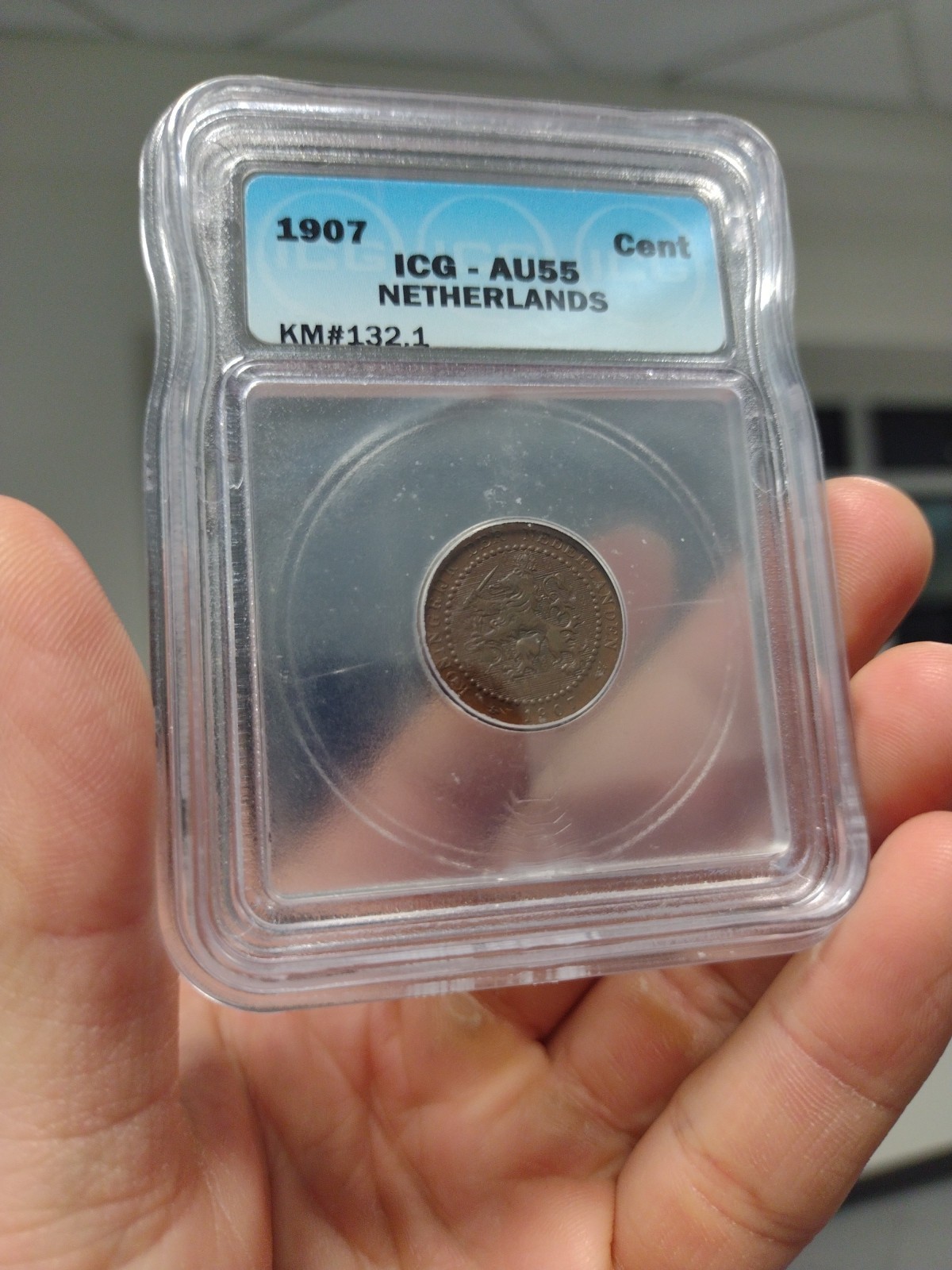RARE 1907 Netherlands 1 Cent ICG AU 55 GRADED SLAB CERTIFIED COIN INVESTMENT