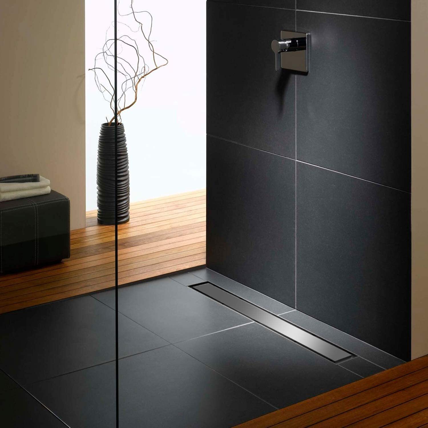 16"/24" Matte Black Linear Shower Drain 2-in-1 Trench Floor Drain Tile Insert