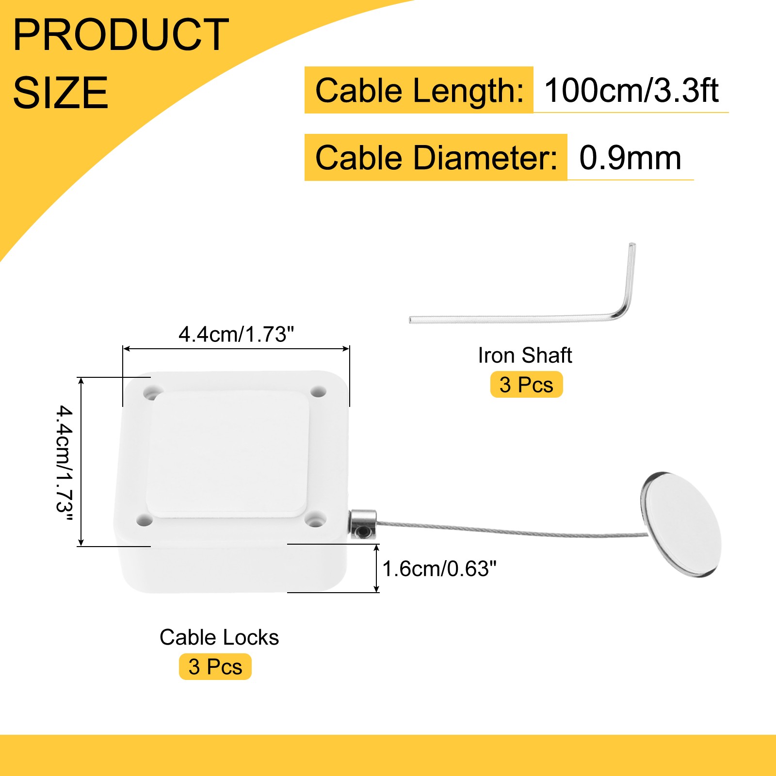 3.3 ft Retractable Cable Security Lock with Round Patch 600g, White, 3 Pack