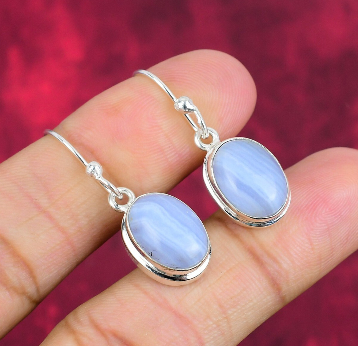 Blue Lace Agate Gemstone Handmade 925 Sterling Silver Designer Earrings Jewelry