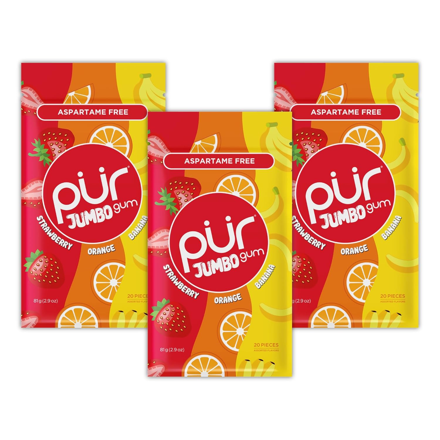 PUR Jumbo Gum | Aspartame Free Chewing Gum | 100% Xylitol | Natural Strawberry,