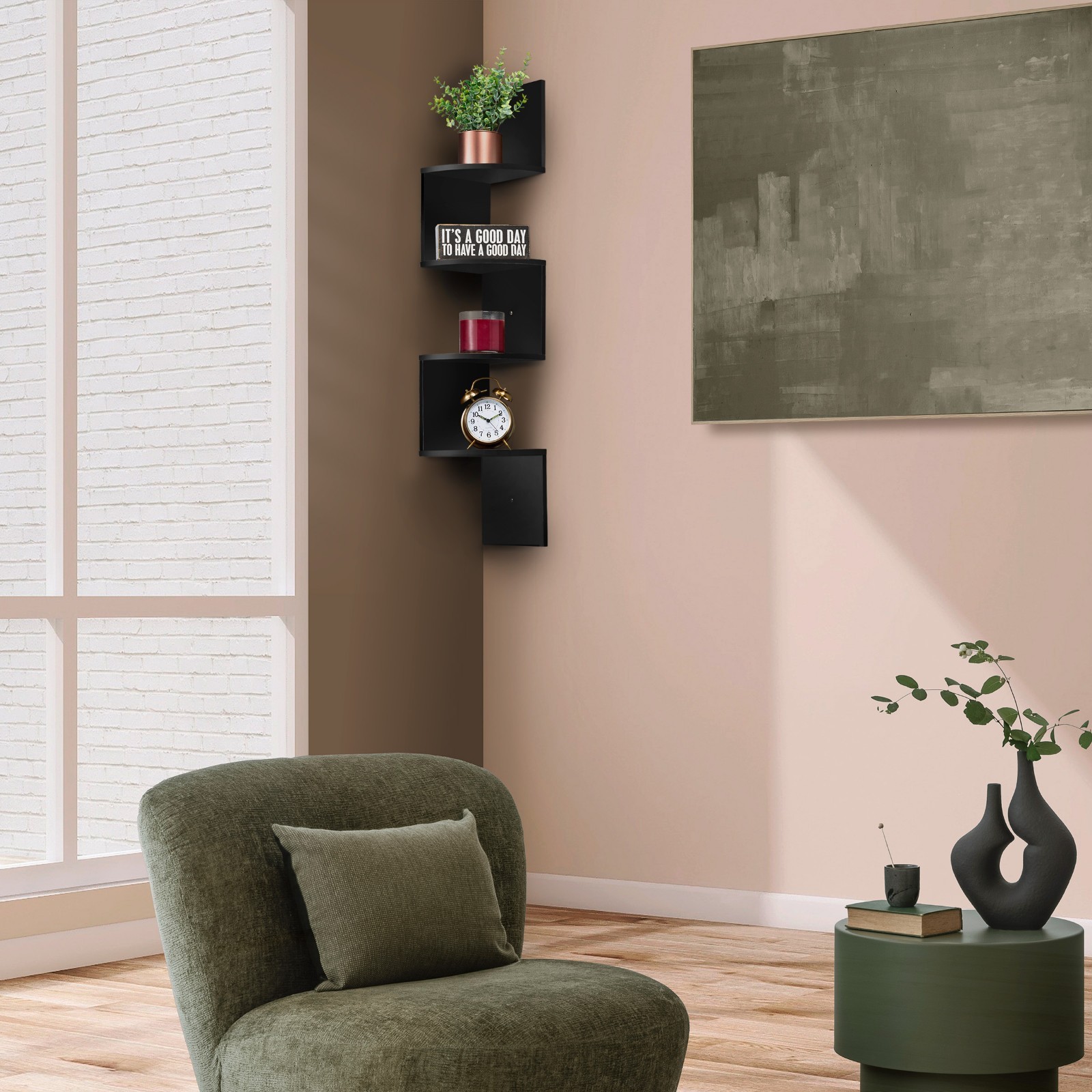 5-Tier Zig Zag Geometric Corner Wall Book Shelf Unit, Floating Wall Shelf