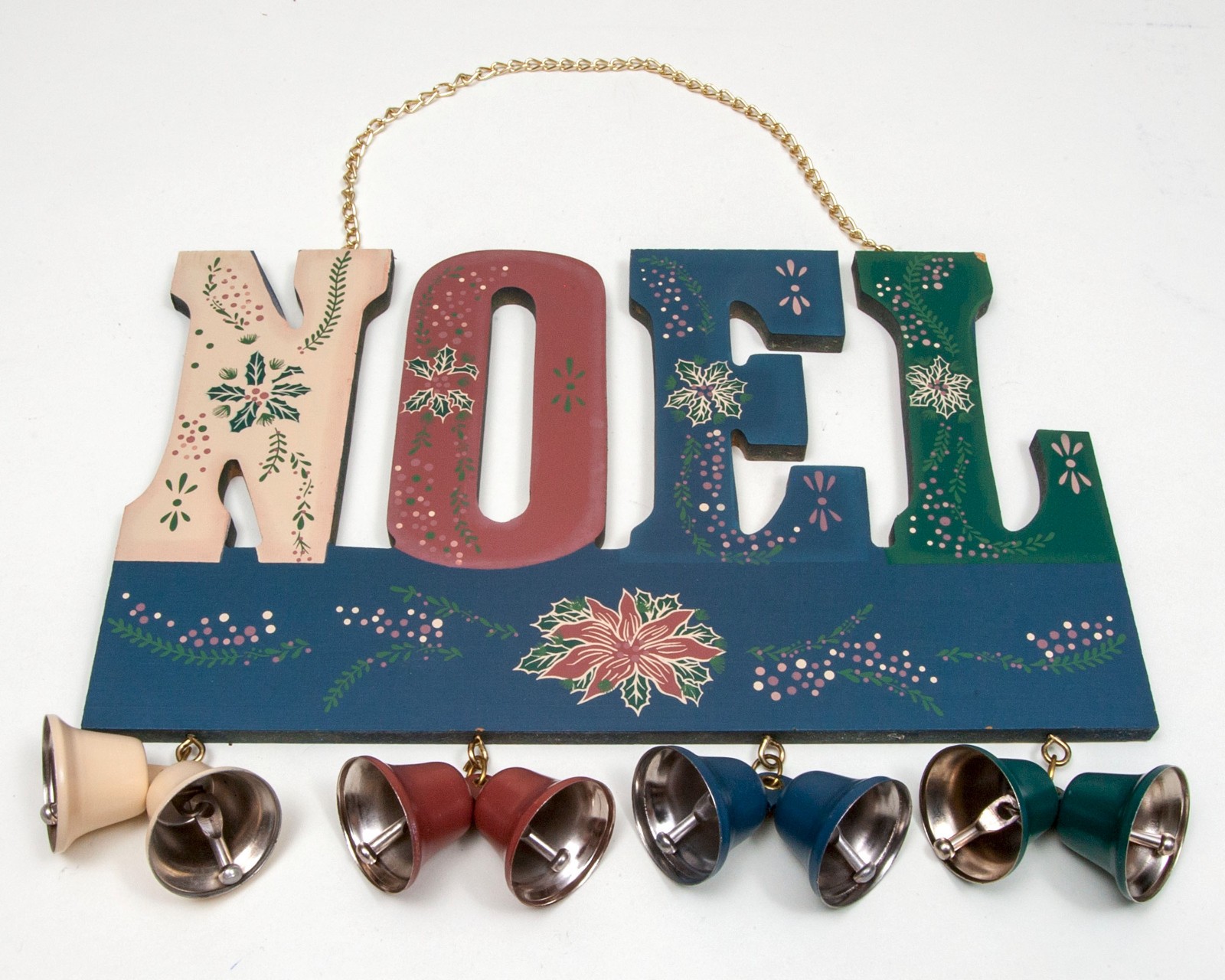 Noel Sign Painted Wood w/4 pairs of Metal Bells with Clappers & Gold Chain