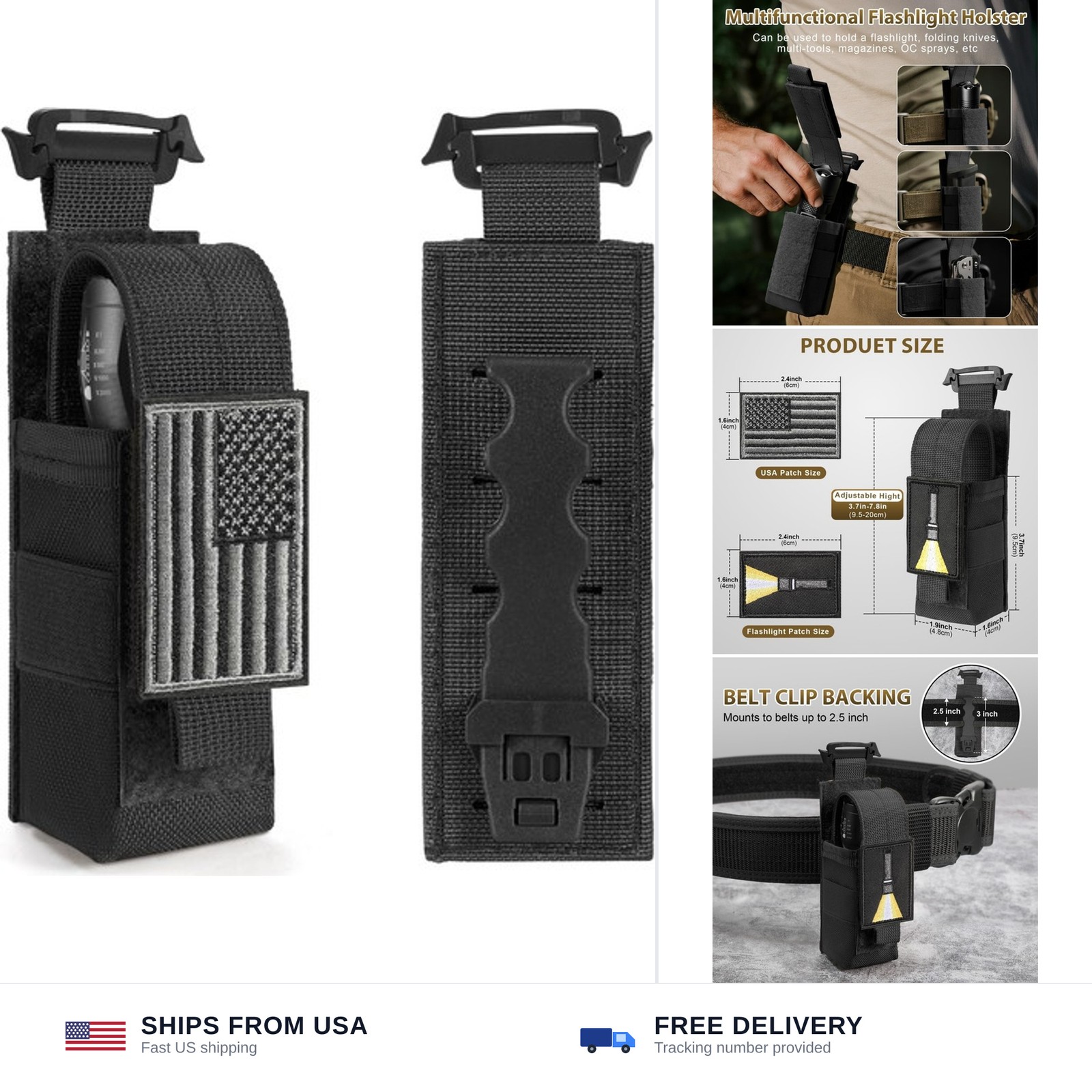 Tactical Flashlight Holster, Adjustable Flashlight Pouch Holder Molle Torch C...