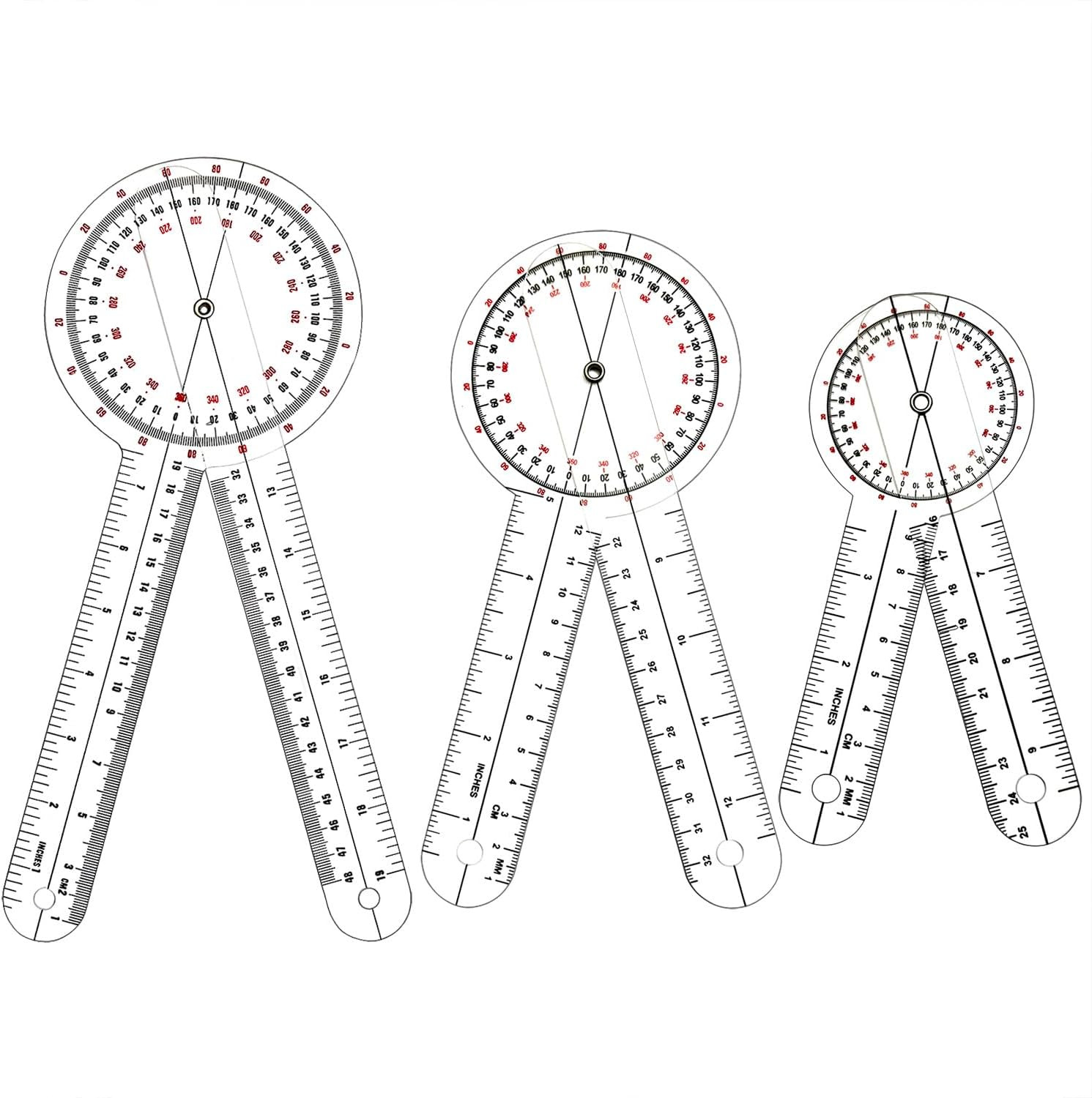 Goniometer Set 3 Pieces of 6/8/12 Inch, Transparent Orthopedic Angle Ruler Plast