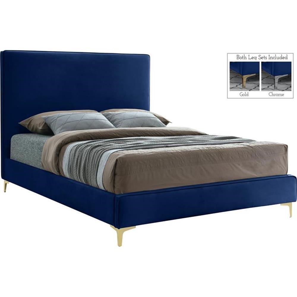 Maklaine Contemporary Navy Velvet King Bed with Gold and Chrome Legs Included