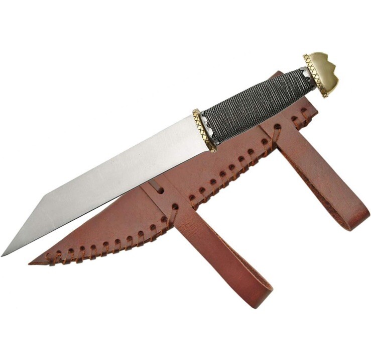 Knife with Sheath Brass Pummel 10 Inch Blade Wire Wrapped Seax FREE SHIPPING