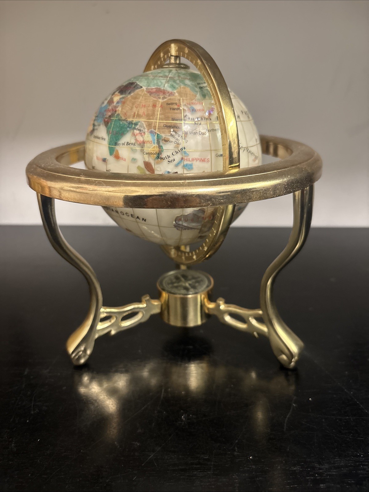 World Globe with Gold Metal Stand & Compass