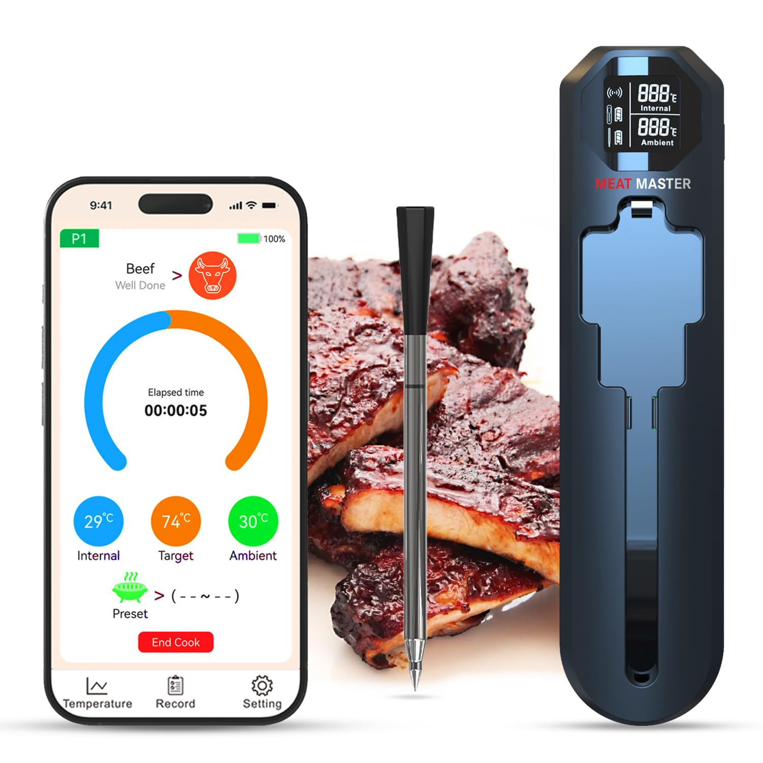 Wireless Bluetooth Meat Thermometer for Grill, Smoker, BBQ, Oven – 820Ft Range,