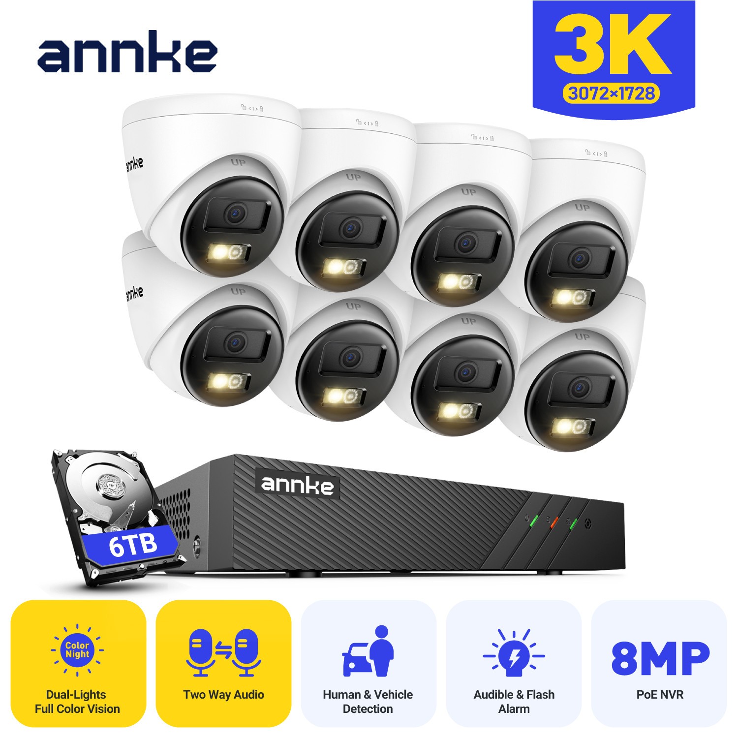ANNKE 3K POE Color Night Security Camera System Two Way Audio 8MP 8CH NVR H.265+