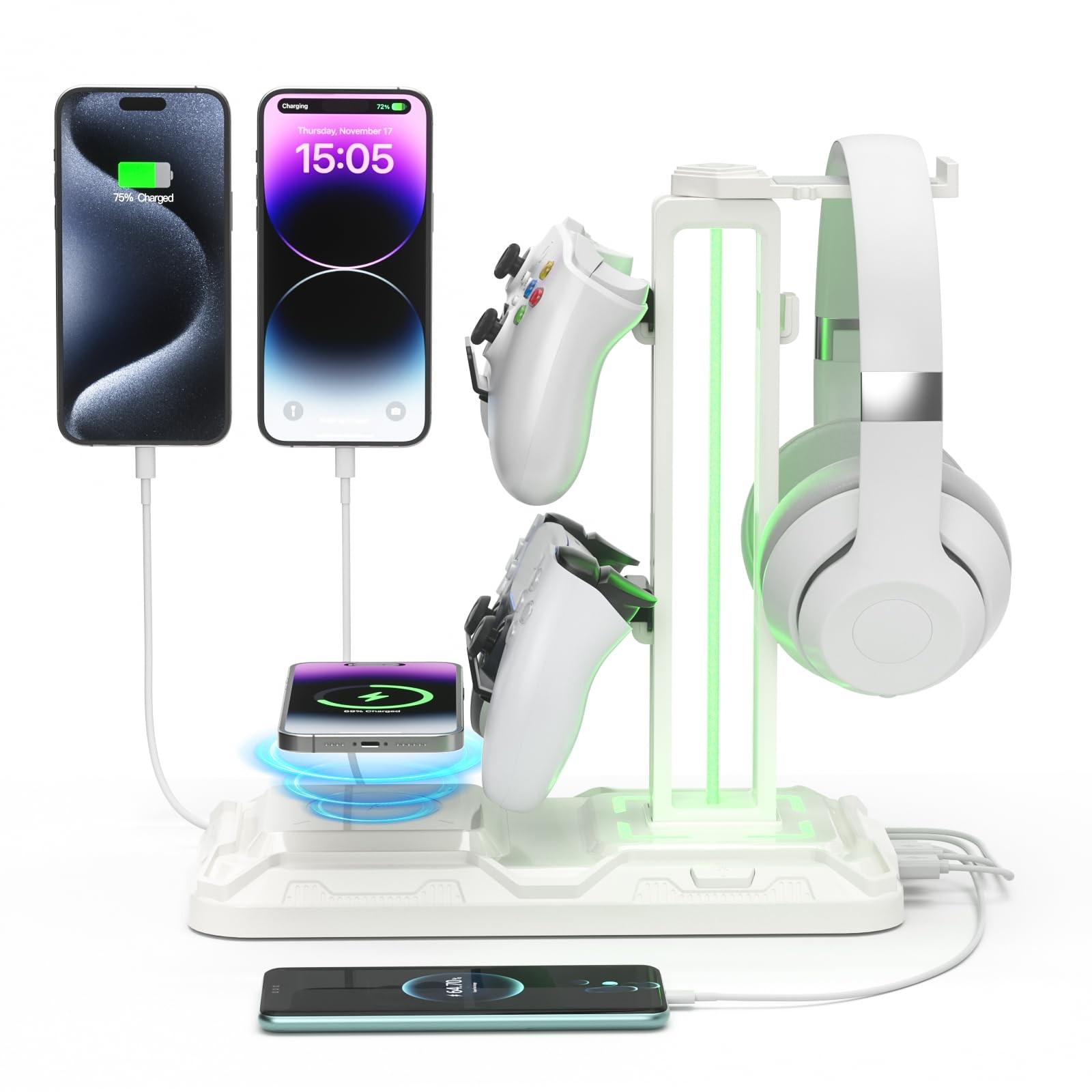 KDD RGB Headphone & Controller Stand with Wireless Charging - Rotatable White