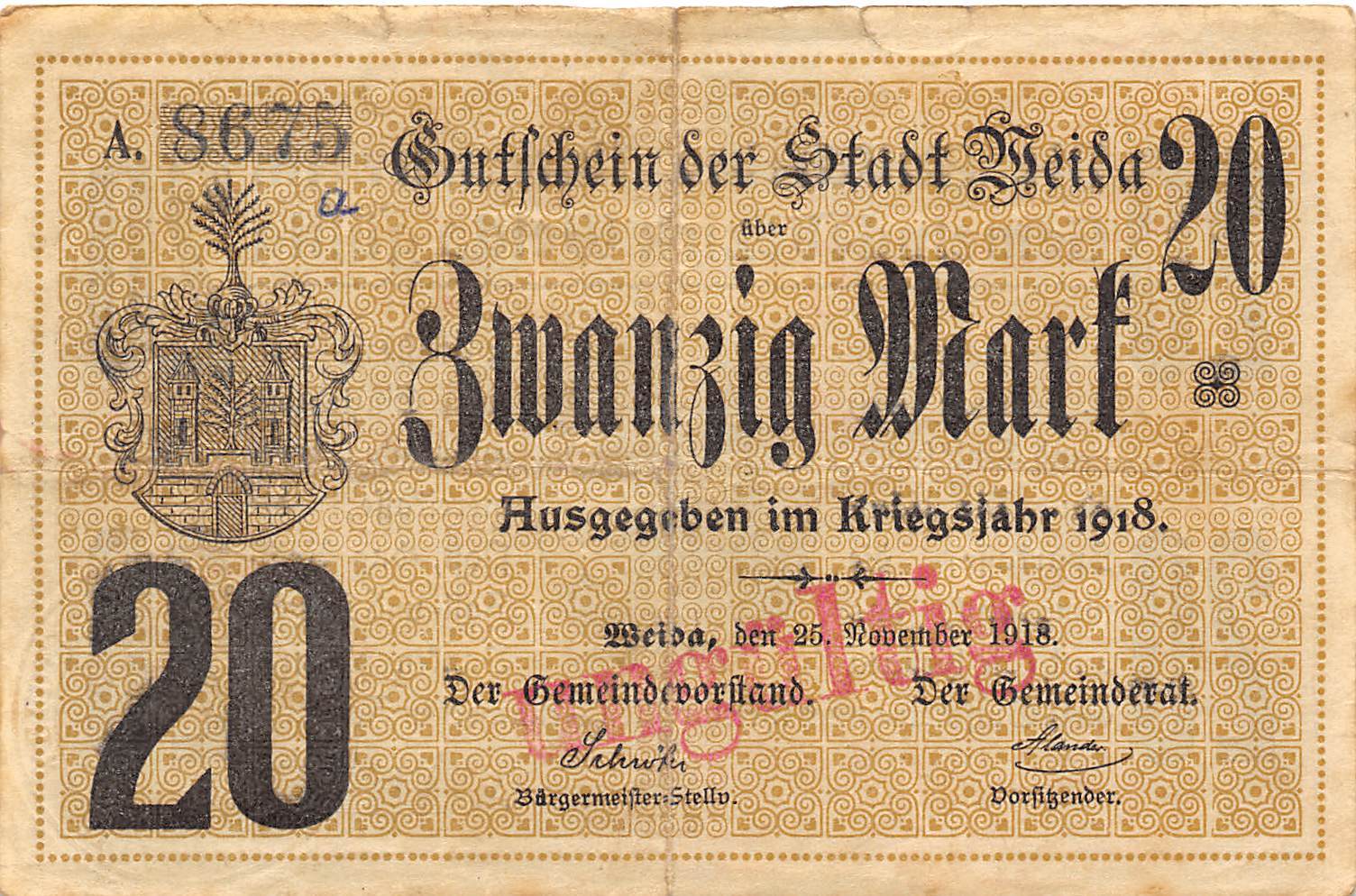 Germany / Weida 20Mark  25.11.1918  circulated Banknote 2D2