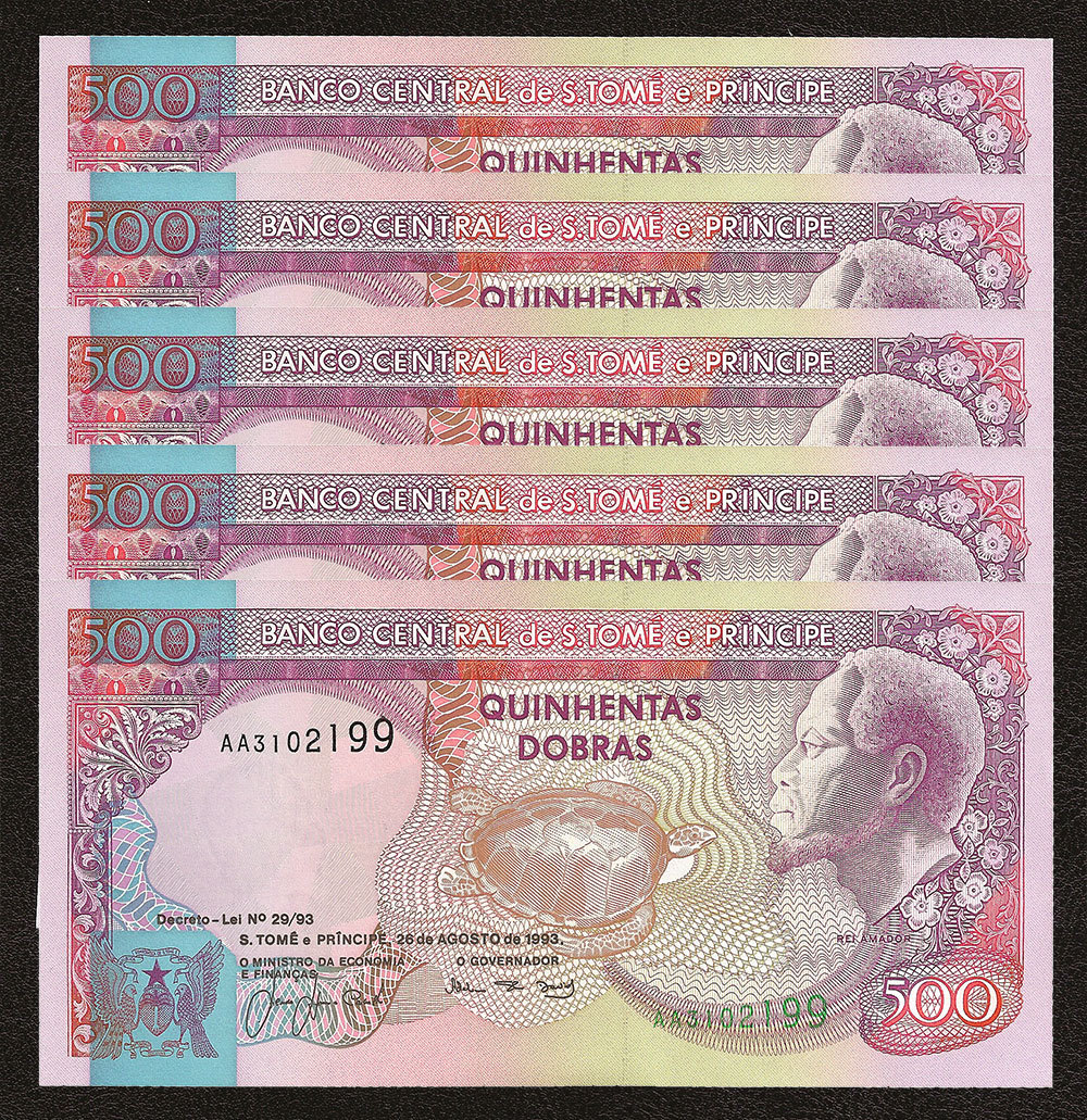 ST. SAINT THOMAS AND PRINCE 500 Dobras X 5 PCS 1993 P-63 1/20 Bundle UNC