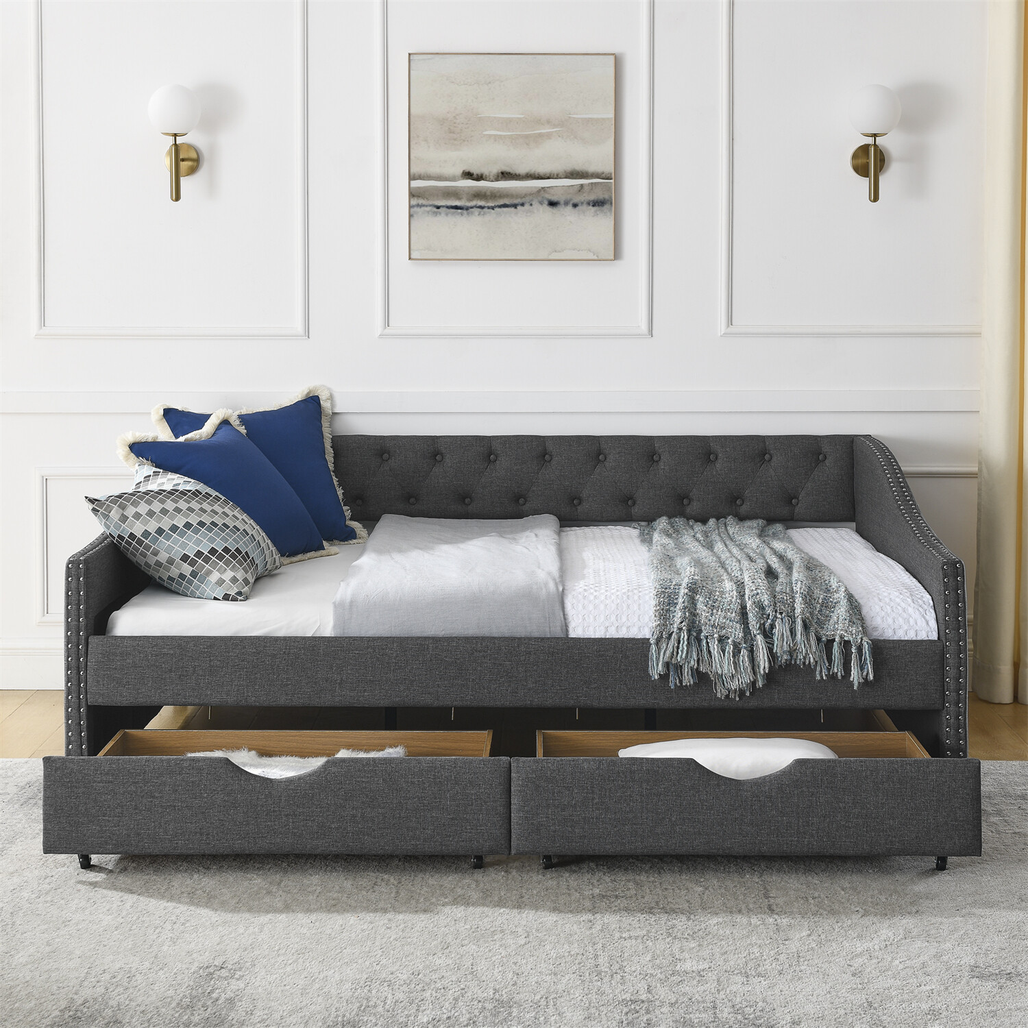 Full Size Daybed Upholstered Bed Frame Sofa Bed with 2 Storage Drawer US