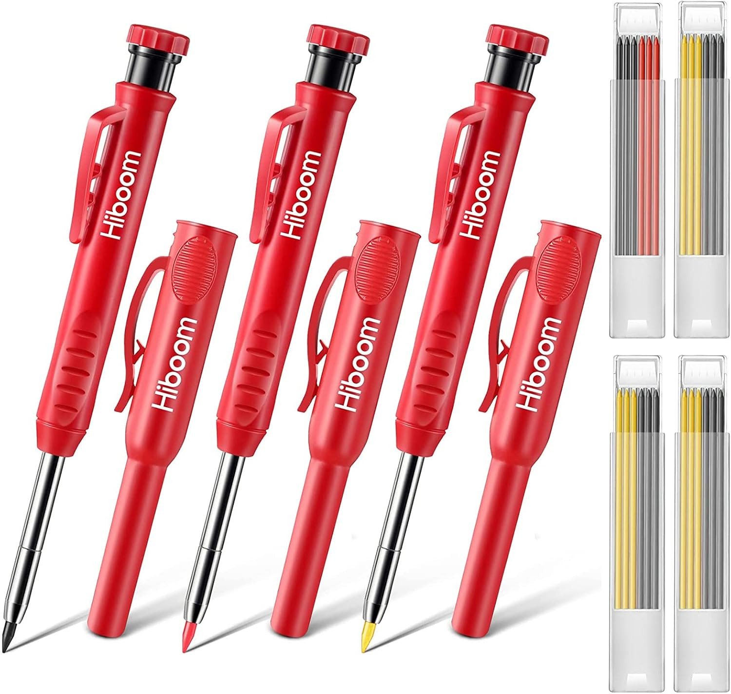 Hiboom 3 Pack Carpenter Pencils Set with 24 Refills, 2.8 Mm Carpenters Mechanica