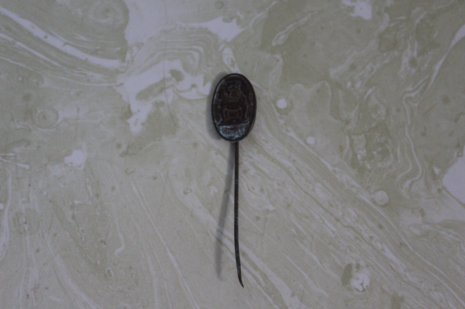 VTG. BRONZE STICK PIN READS: ASK FOR BARKER BROWN SHOWS