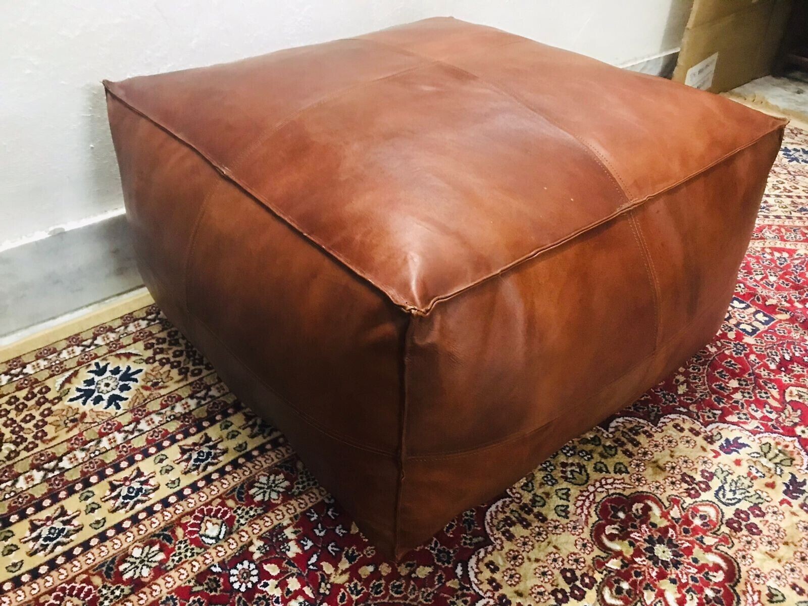Square Moroccan Vintage New Unstuffed Natural Classic Pouffe Boho Leather