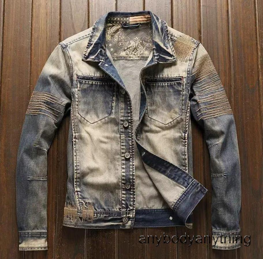 Men's Retro Blue Denim Jean Jacket Motorcycle Basic Coat Button Punk Hip Hop New