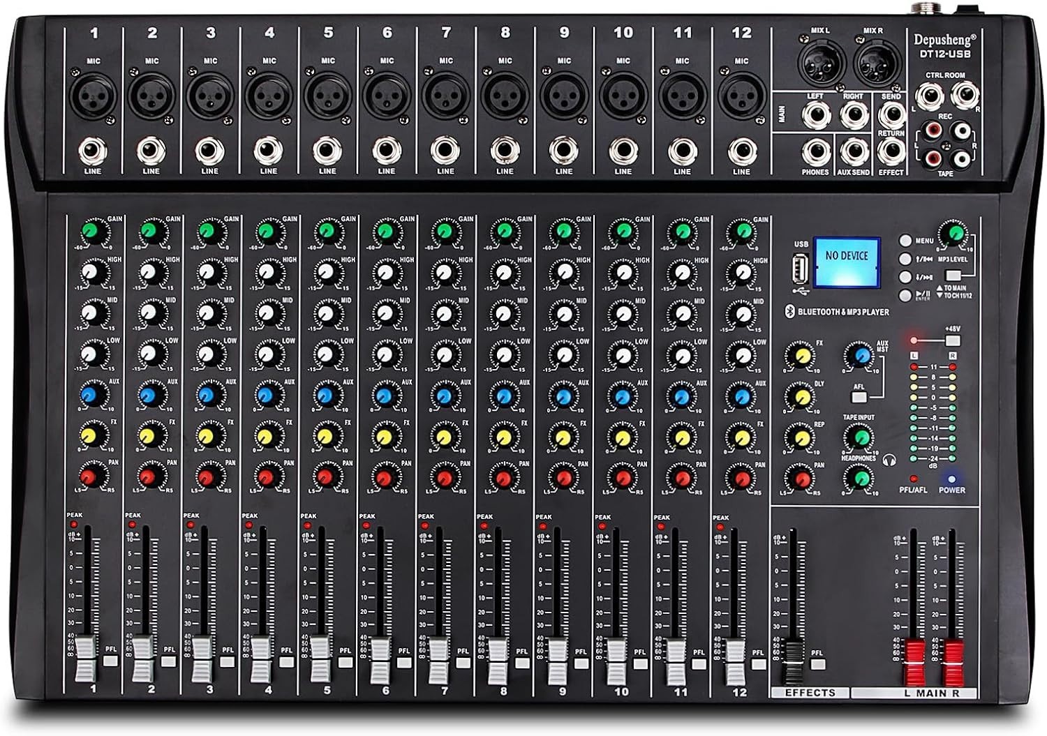 DT12 12-Channel DJ Audio Mixer with USB, Bluetooth, XLR & RCA Input