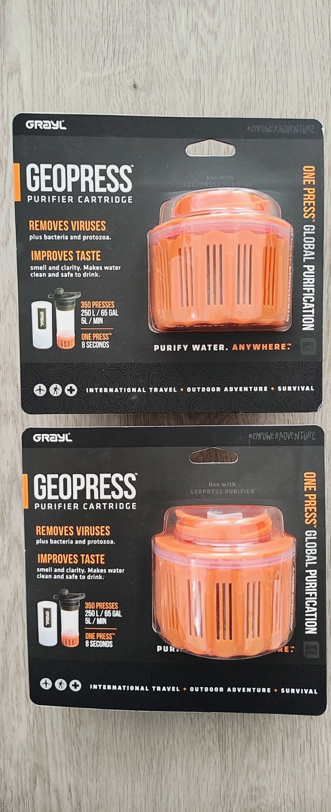 Pair Brand New GRAYL GEOPRESS Water Purifier Replacement Filter Cartridge Travel