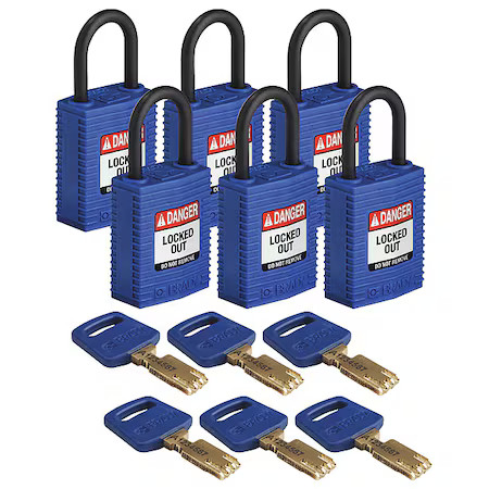 Brady Cpt-Blu-25Pl-Ka6pk Lockout Padlock, Keyed Alike, Nylon, Blue, 1 In