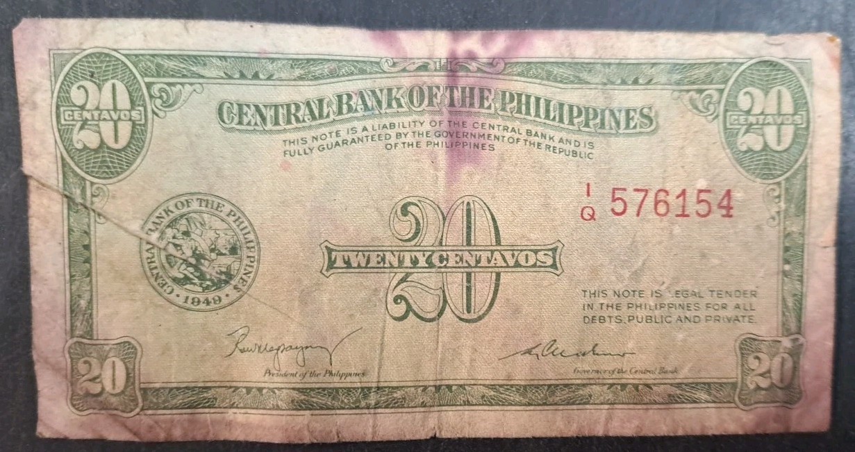 (1953-57) Philippines 20 Centavos P130a, IQ576154, sigs Magsaysay & Cuaderno.