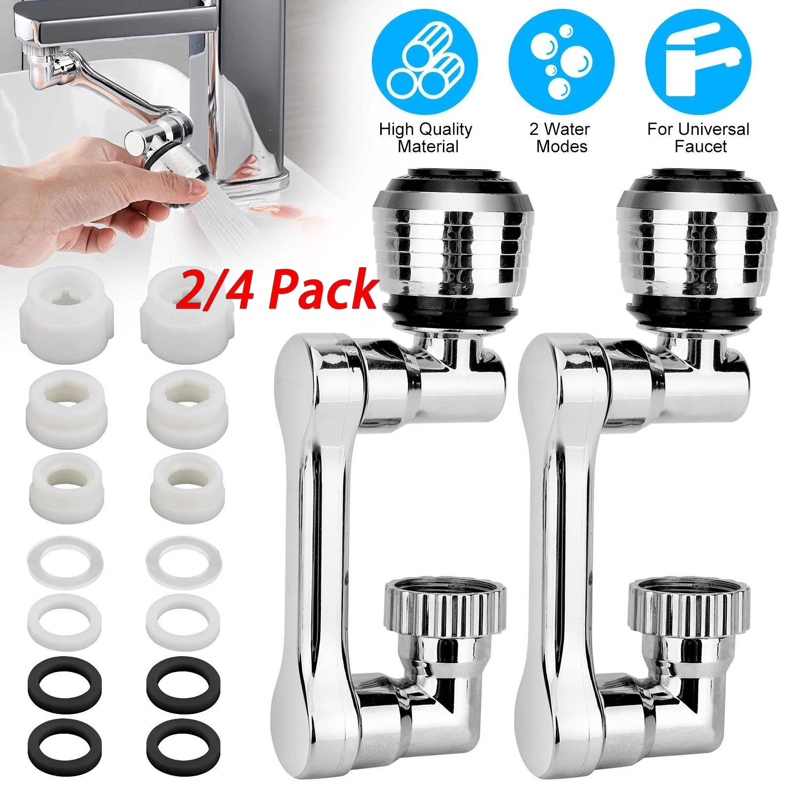 2/4Pack Universal 1080° Swivel Extension Faucet Rotate Robotic Arm Tap Extenders
