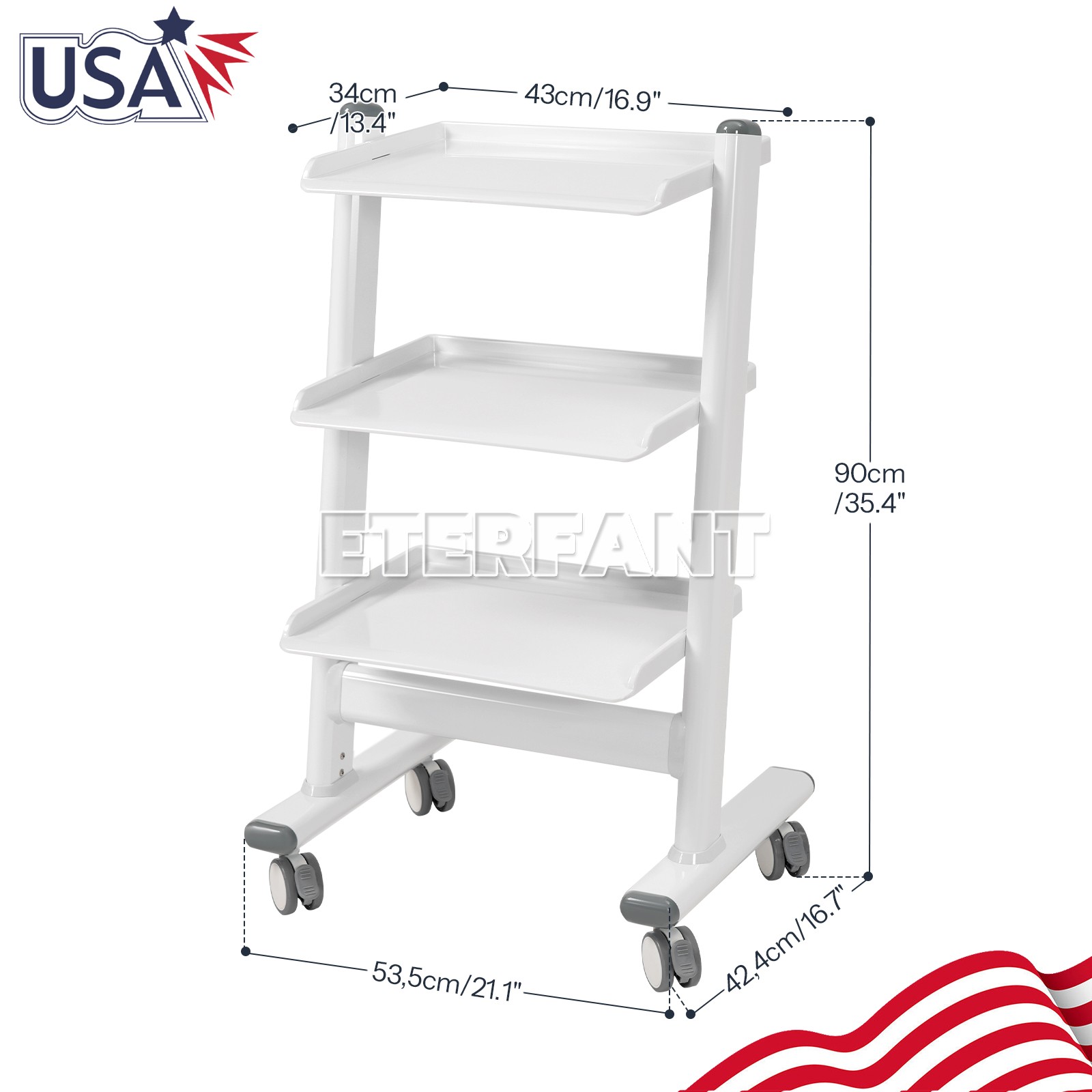 ETERFANT 3 Layers Dental Trolley Cart Tool Mobile ABS Instrument Stand w/Socket