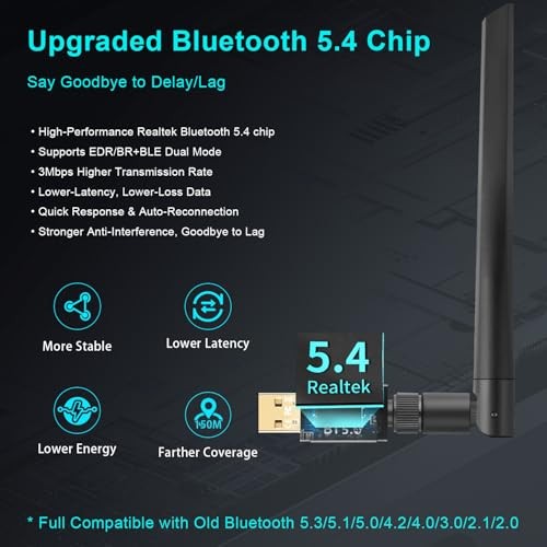 Long Range Bluetooth 5.4 USB Adapter for PC Windows 7-11, 150m, Black