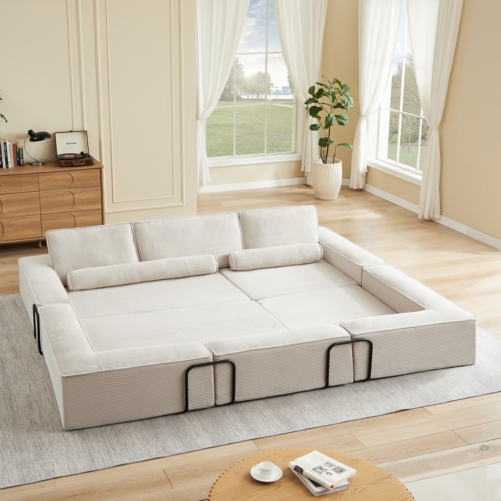 4-Seat Corduroy Modular Sectional Sofa Deep Seat Convertible Khaki Free Shipping