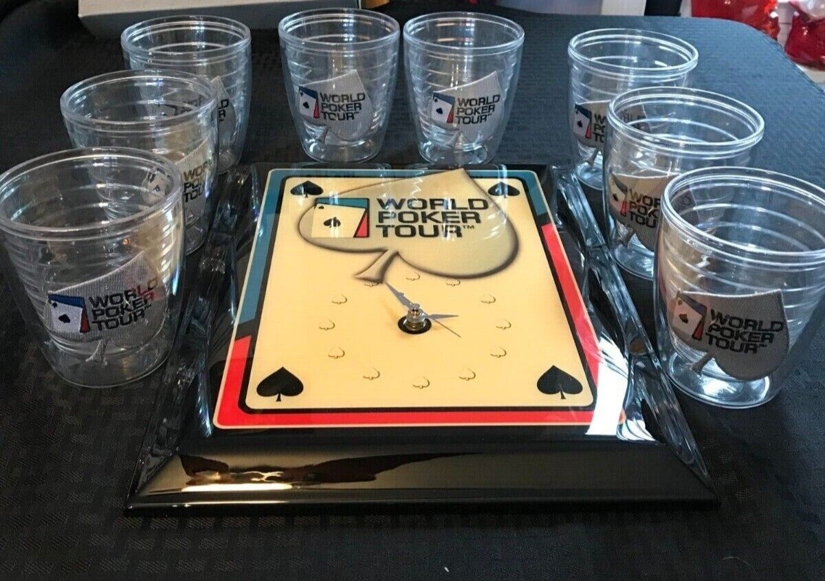 World Poker Tour-Brand New Clock & 8,12 Ounce Glasses-Great Father's Day Present