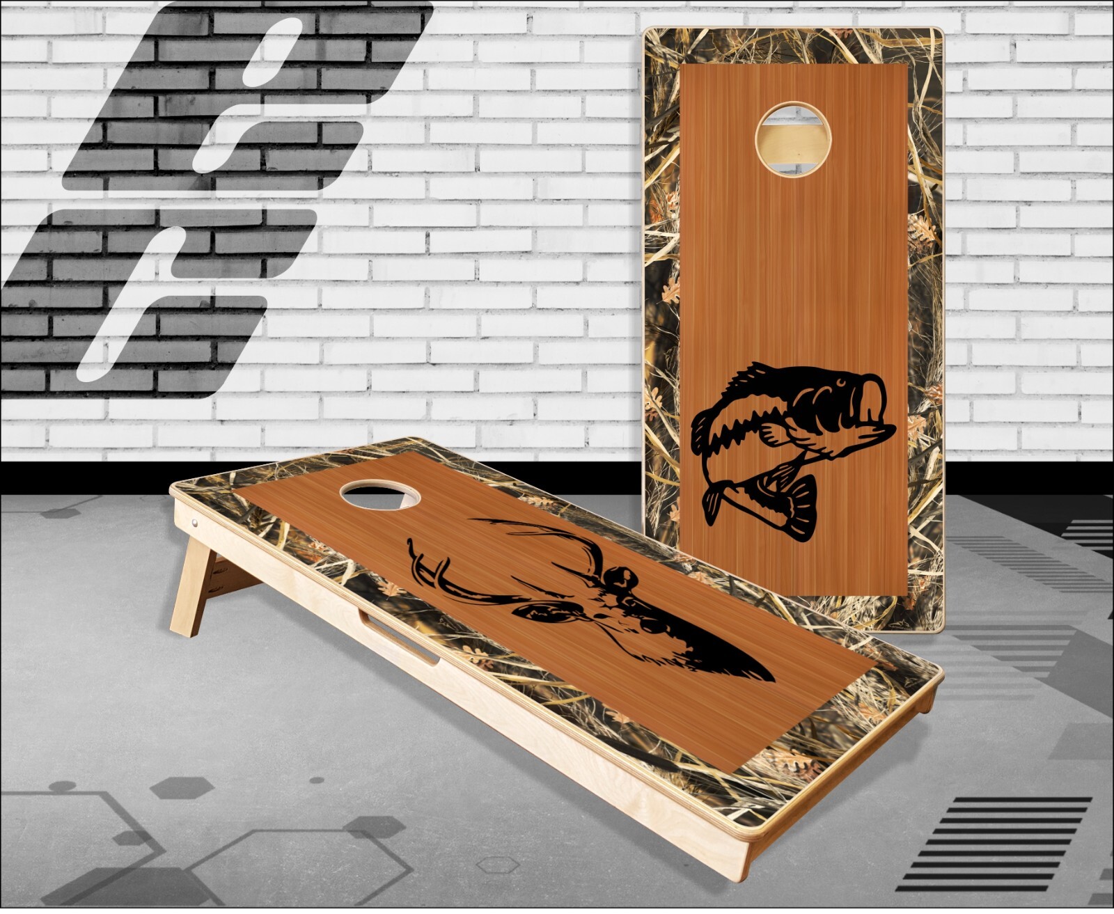 Bass Buck Camo Wood Cornhole Boards Bean Bag Toss Game