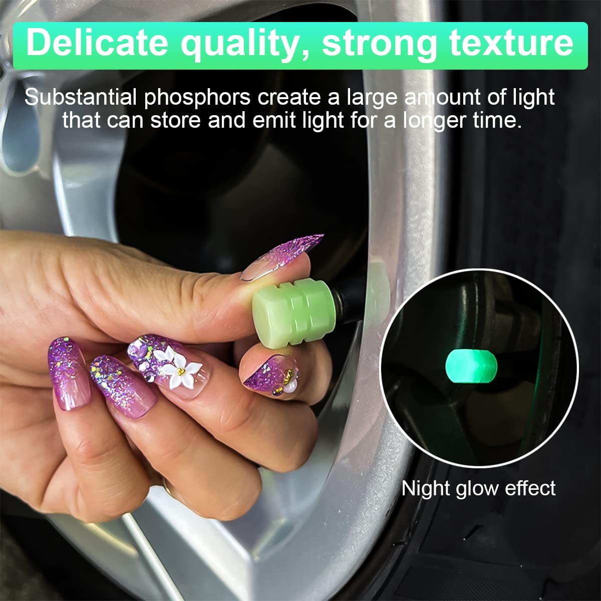 Luminous Tire Valve Stem Caps for Car, 12PCS Fluorescent Glow in The Green