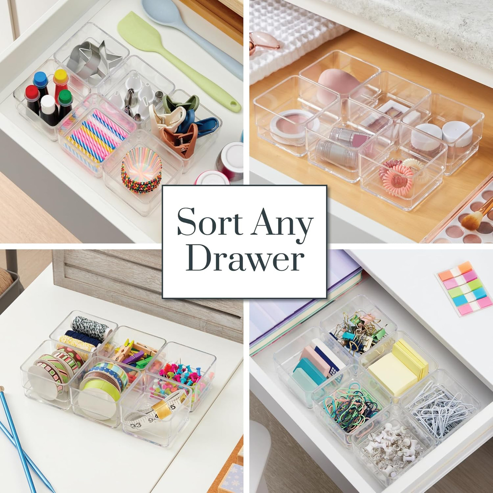 SimpleSort 6-Piece Stackable Clear Drawer Organizer Set, 3x3 Inch Square Bins