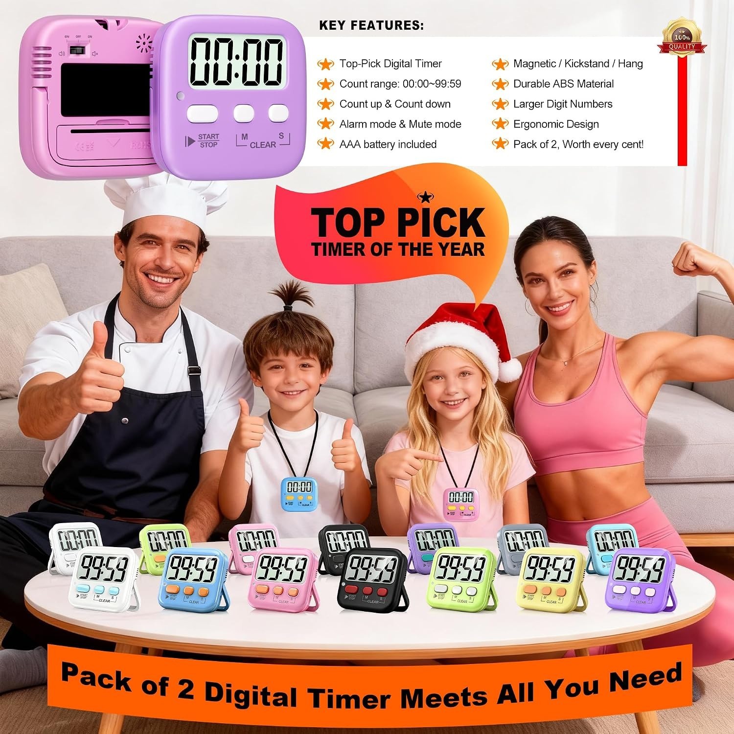 Loud & Silent Mode Digital Timers - 2 Pack Essential for Classrooms & Kitchen