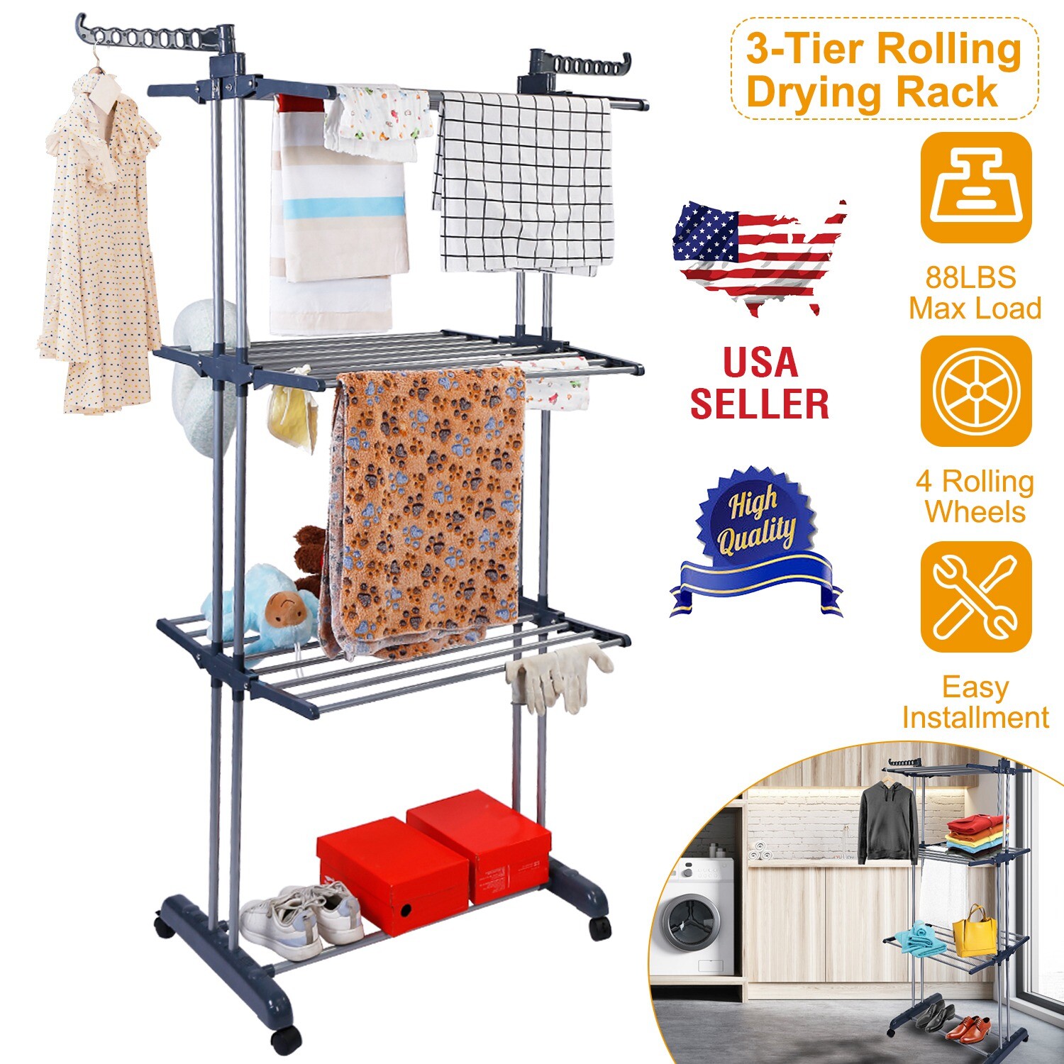 88LBS Load Folding Laundry Drying Rack Foldable Cloth Dryer Hanger Stand Storage