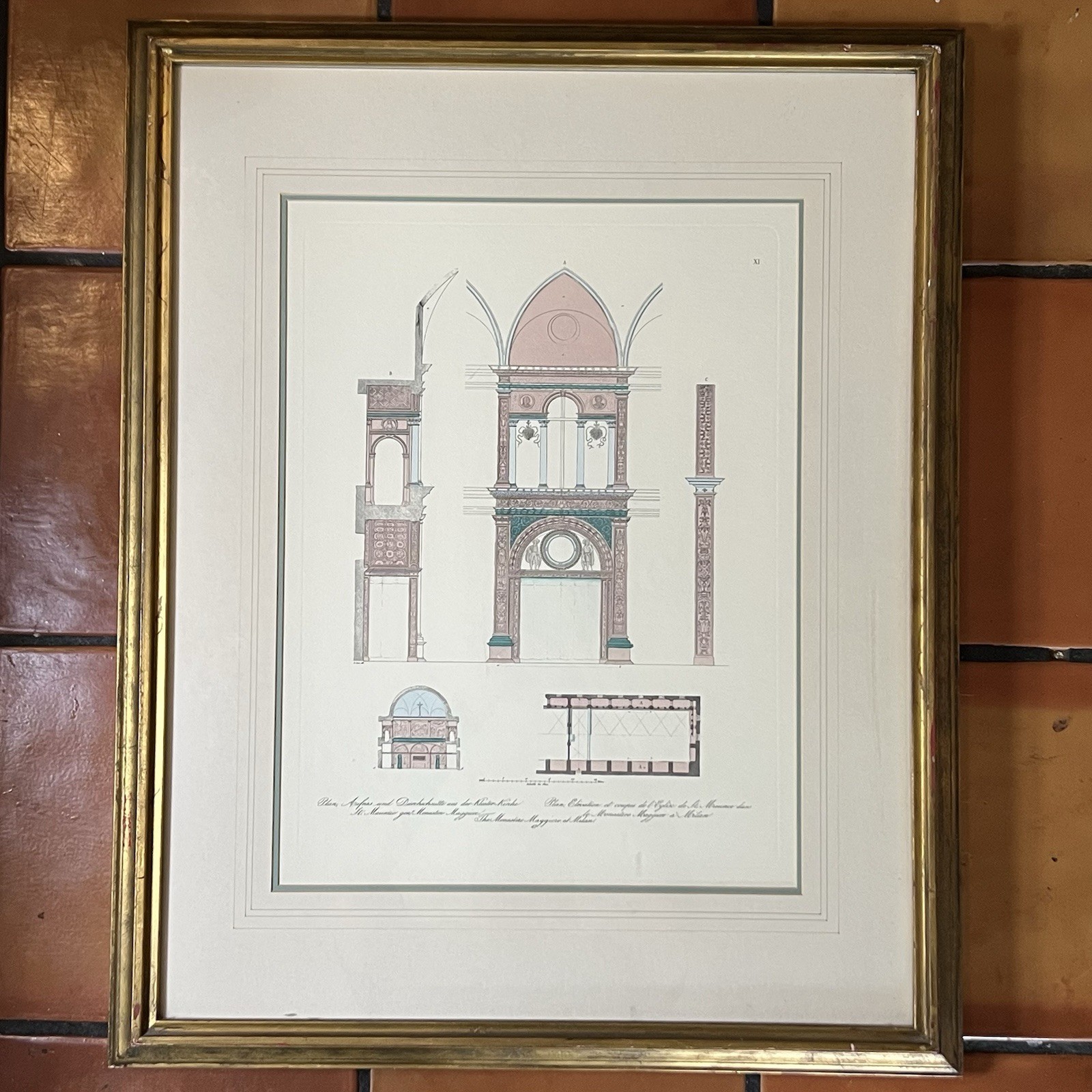 Vintage Architectural Lithograph Cloister Church Dolcebuono Milan Italy 25x31"