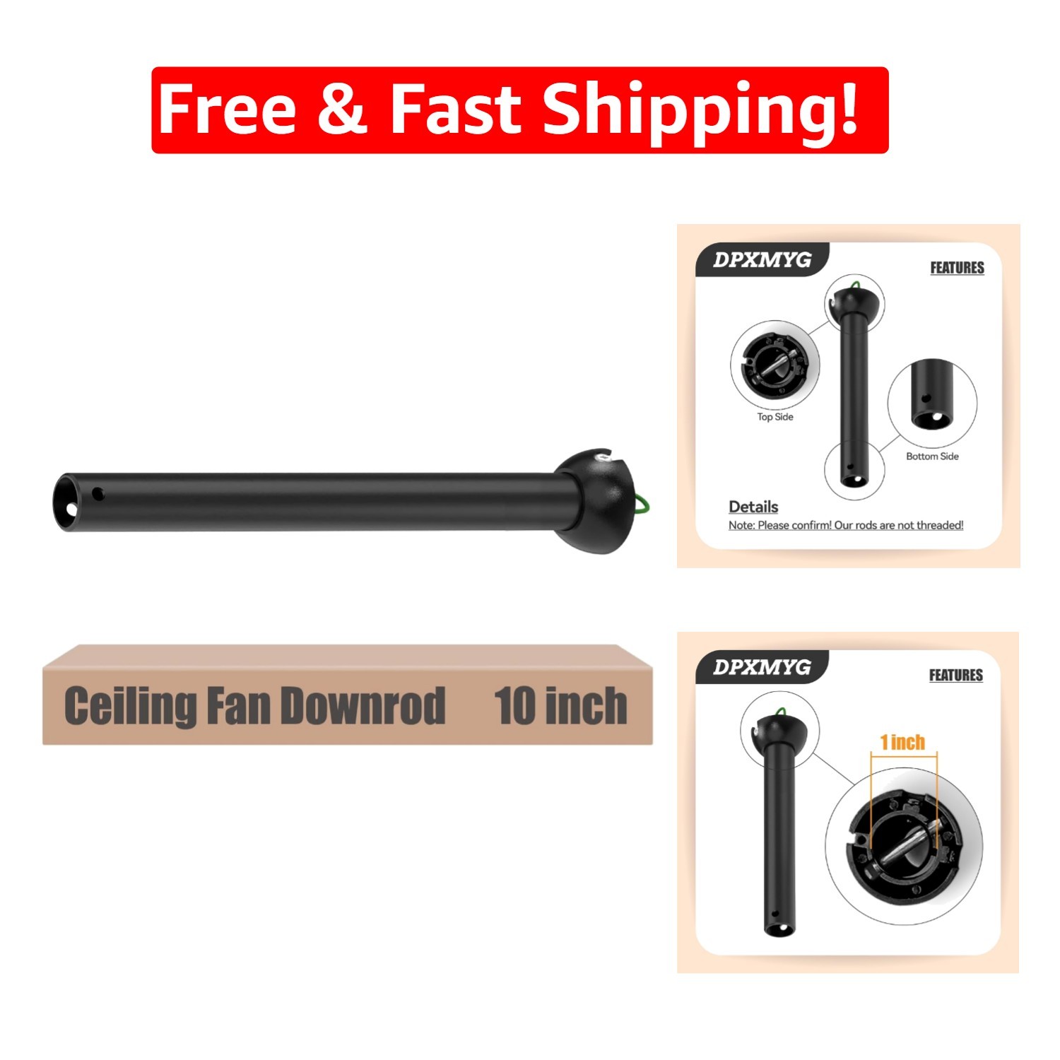 High-Strength 10 Inch Black Ceiling Fan Downrod with Ball Head - Versatile Fit